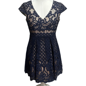 Dark Navy Blue Elegant  Lace Mini Dress sz Small